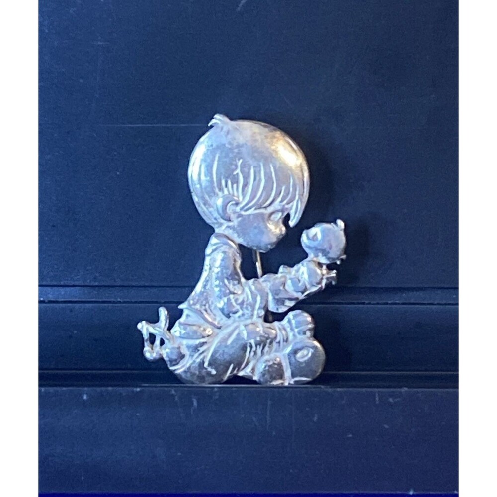 Precious Moments 1.5" 925 Sterling Silver Little Boy Holding Kitten Brooch